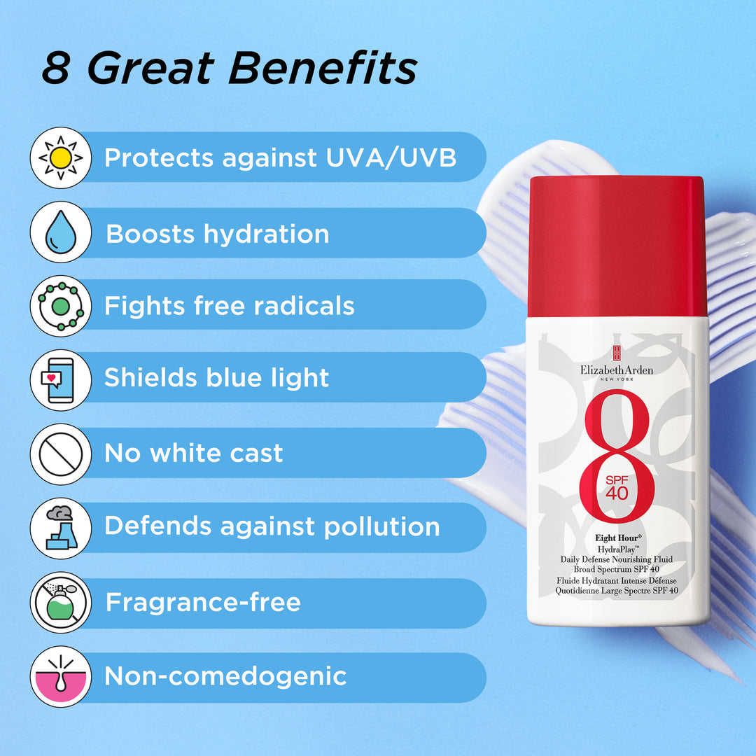 Eight Hour® HydraPlay™ Daily Defense Nourishing Fluid Broad Spectrum SPF 40 Product Benefits