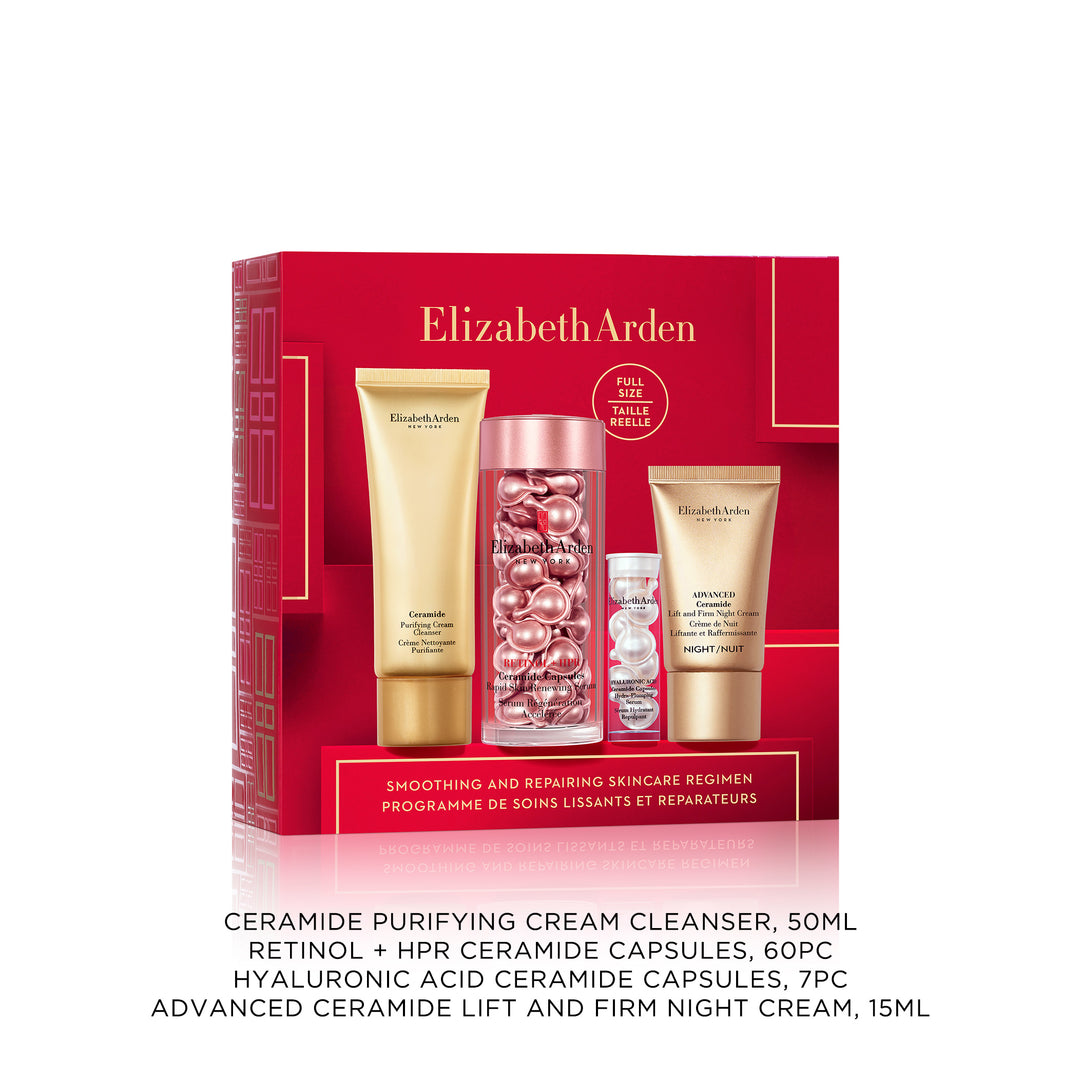 Elizabeth Arden UK Smooth, Repair & Firm 4 -piece Holiday Gift Set, Ceramide Cream Cleanser, Retinol + HPR Ceramide Capsules, Hyaluronic Acid Ceramide Capsules, and Lift & Firm Night Cream