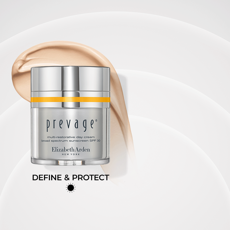 Prevage multi-restorative day cream with texture swipe with benefits copy "Over 2x instant improvement in hydration and After first use 90% agree skin looks brighter and revitalized. Define and protect, use at day"