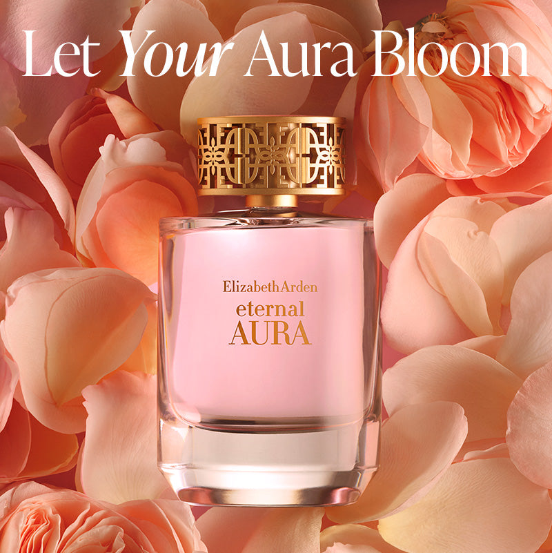  Elizabeth Arden Eternal Aura Eau de Parfum bottle in pink glass with gold cap & rose petals