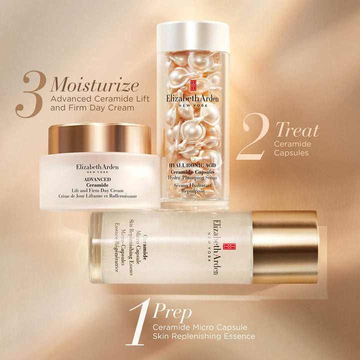 1 Prep with Ceramide Micro Capsule Skin Replenishing Essence, 2 Treat with your choice of Ceramide Capsules and 3 moisturise with Advanced Ceramide Lift and Firm Day Cream
