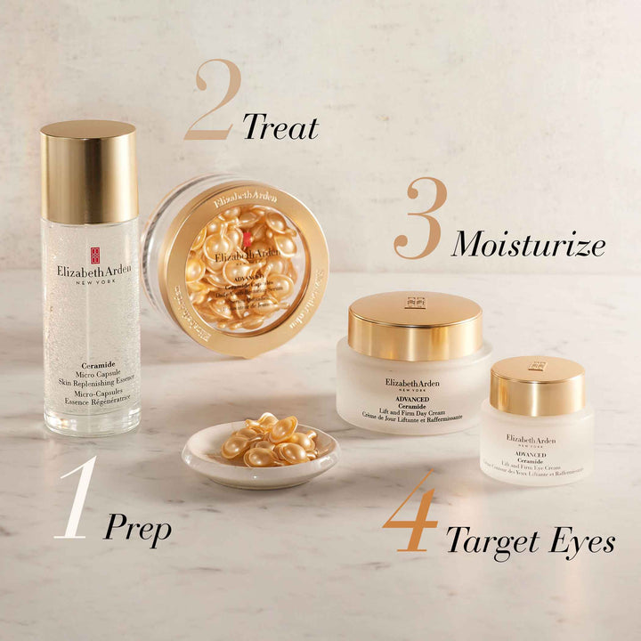 Regimen- Prep with Ceramide Micro essence, treat with advanced ceramide capsules, moisturise with advanced lift and firm cream and target eyes with advanced ceramide eye cream