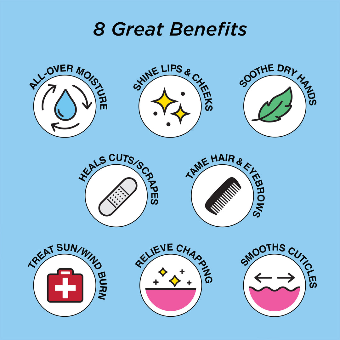 List of 8 benefits on a blue background with icons and text.