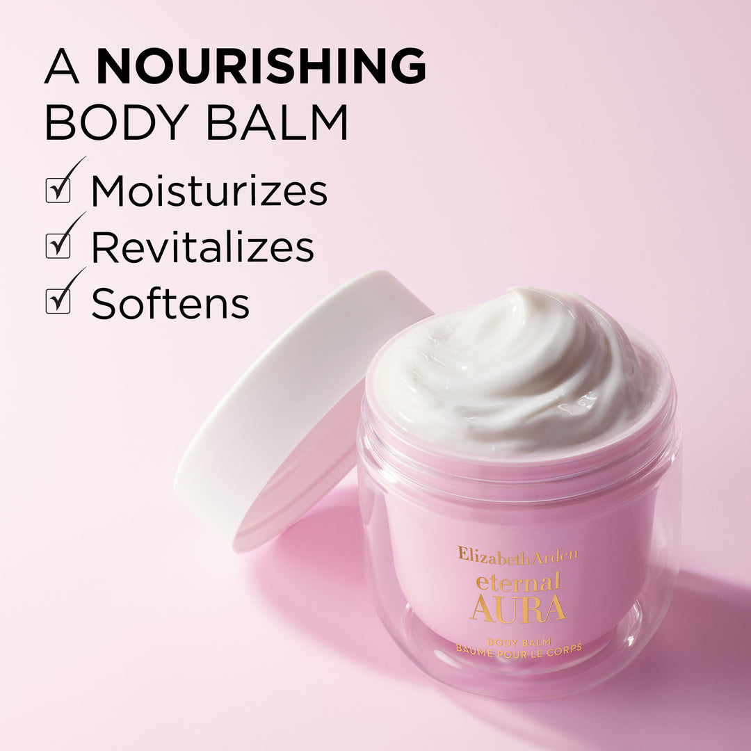  Eternal Aura Body Balm moisturiser showing nourishing, softening and revitalising benefits