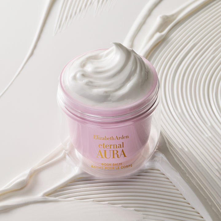 Open jar of Eternal Aura Body Balm with whipped moisturising cream texture