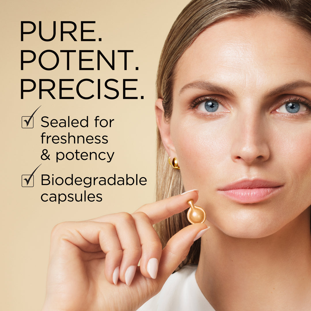 A close-up of a woman holding a small gold capsule between her fingers, with text on the left reading 'PURE. POTENT.