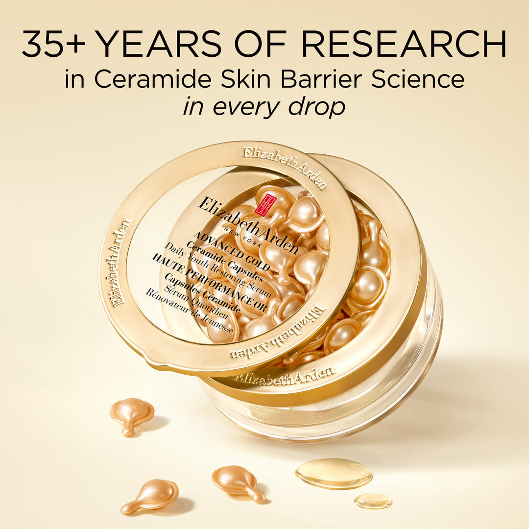 Elizabeth Arden skincare product with text about research on ceramide skin barrier science.