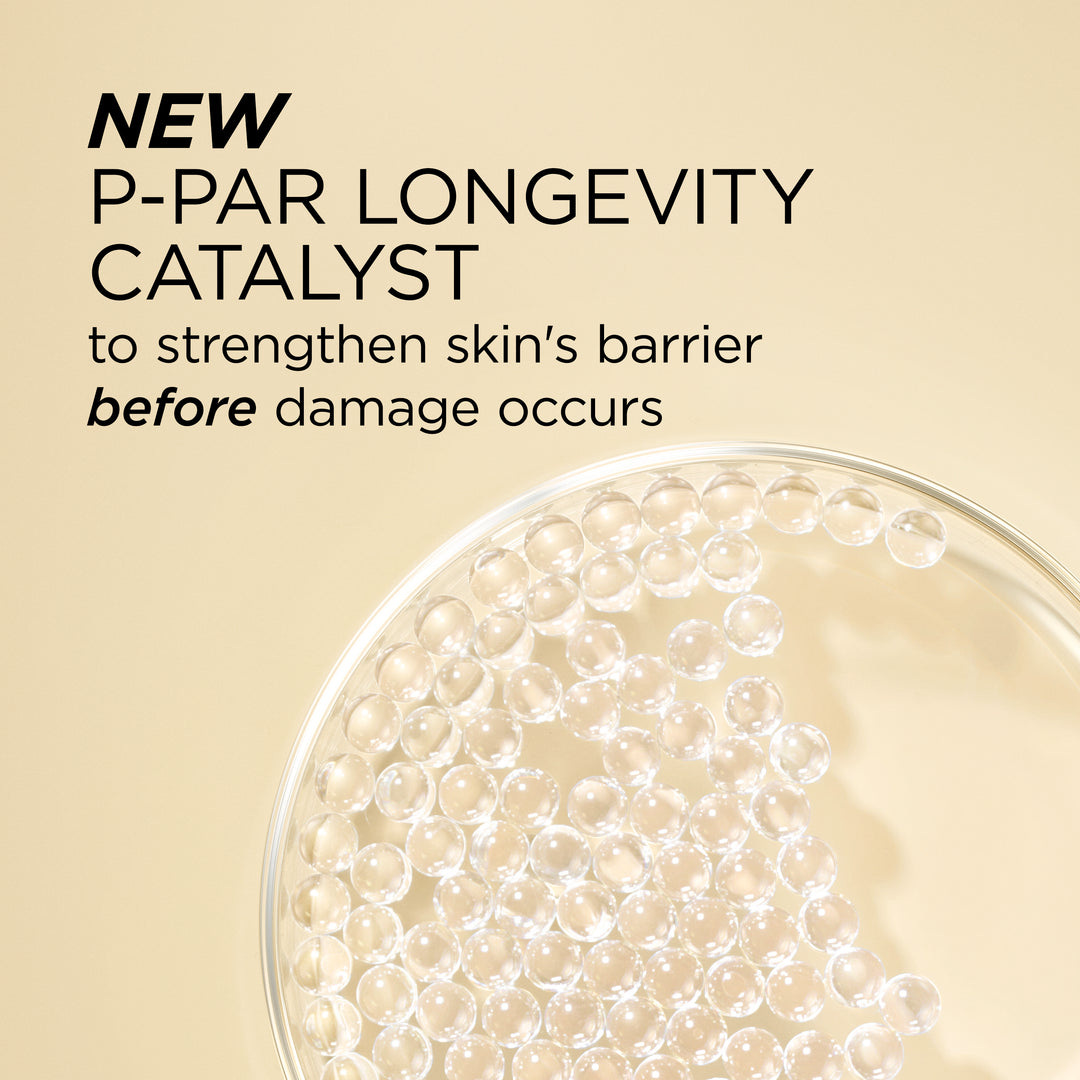Promotional graphic with text reading 'NEW P-PAR LONGEVITY CATALYST to strengthen skin's barrier before damage occurs' over a beige background and a close-up of clear gel or serum droplets in a petri dish.