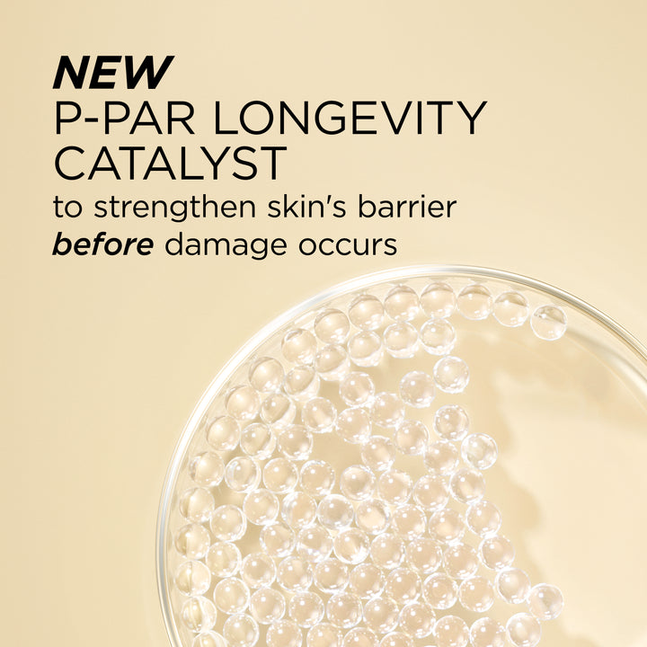 Promotional graphic with text reading 'NEW P-PAR LONGEVITY CATALYST to strengthen skin's barrier before damage occurs' over a beige background and a close-up of clear gel or serum droplets in a petri dish.