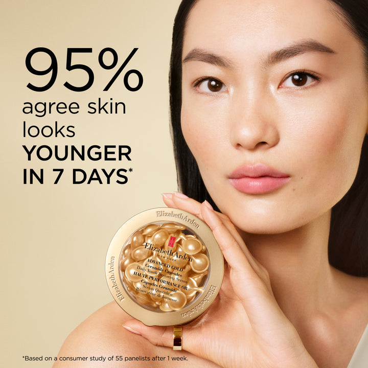 A woman holds an open round compact of Elizabeth Armanen Skin Power Complex against her face, with large promotional text on the left reading '95% agree skin looks YOUNGER IN 7 DAYS'.