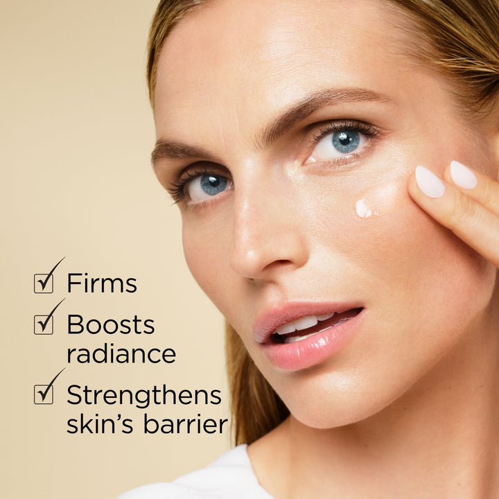 Woman applying cream to her face with text highlighting benefits on a beige background