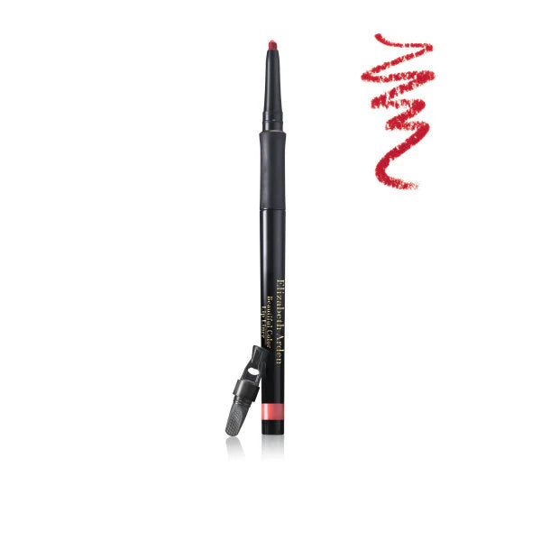 Black lip liner pencil with red cap and pink tip on a white background