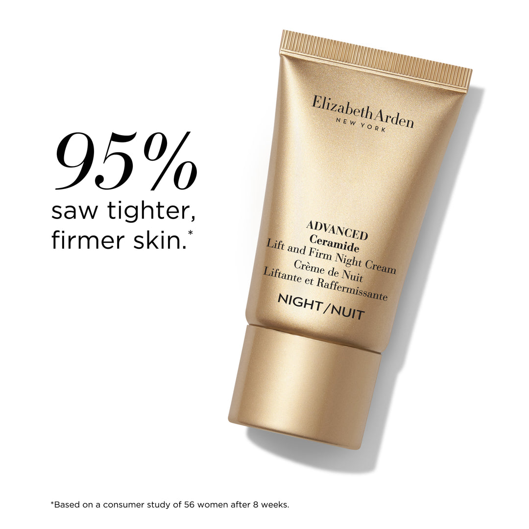 Elizabeth Arden night cream tube on a white background with text about skin tightening.