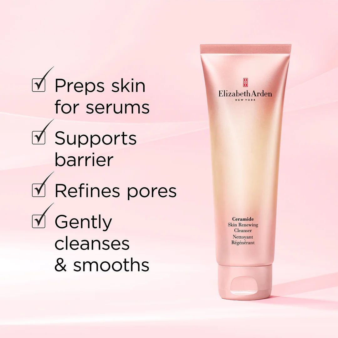 Elizabeth Arden skincare product with text on a pink background