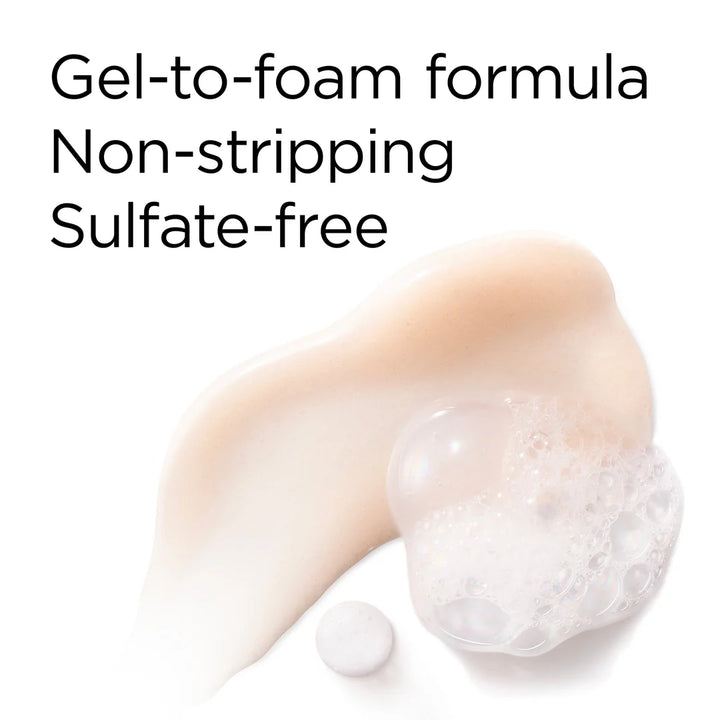 Text reading 'Gel-to-foam formula Non-stripping Sulfate-free' above a cream-colored gel smear and a translucent foamy bubble on a white background.