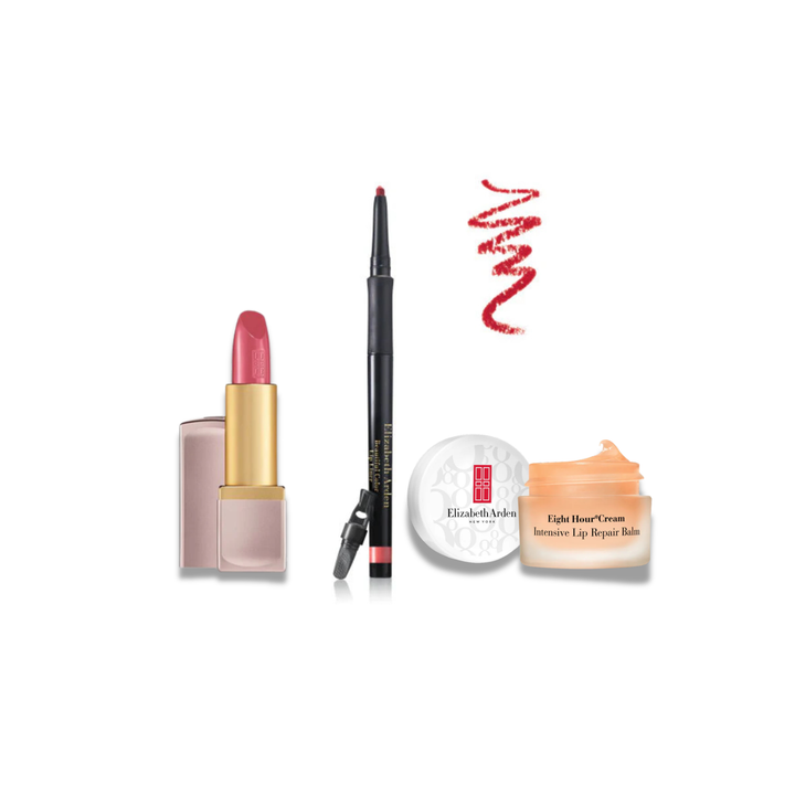 Elizabeth Arman cosmetic set featuring a pink lipstick with a gold tube, a black lip liner pencil, a red lipstick swatch, a white round compact, and an open jar of Light-Max Cream Intensive Lip Repair Balm on a white background.