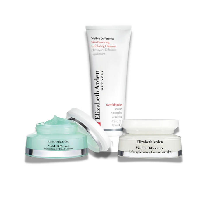 Visible Difference Replenishing HydraGel Complex, Visible Difference Skin Balancing Exfoliating Cleanser, and Visible Difference Refining Moisture Cream Complex all on a white background.
