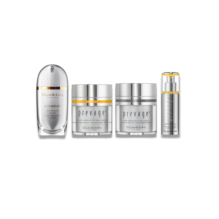Four Elizabeth Armanis skincare products arranged on a white background: a clear bottle with gold banding, two silver jars labeled 'prevage', and a silver pump bottle with a gold collar.