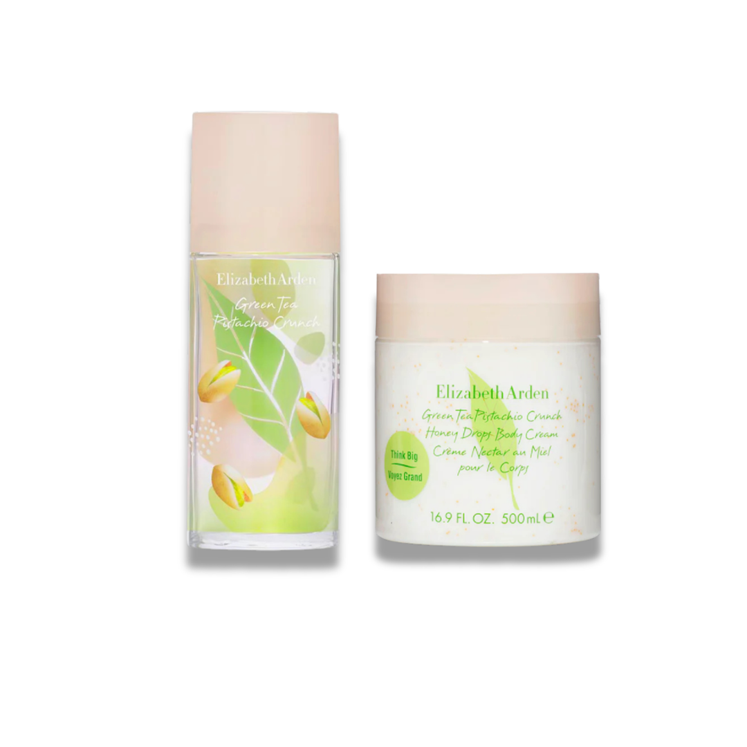 Elizabeth Arden Green Tea Polka-dot Cream set, featuring a 1.69 fl oz clear bottle with a pale pink cap and a matching white jar with a pale pink lid, both decorated with green leaf graphics and yellow-green tea leaf illustrations.