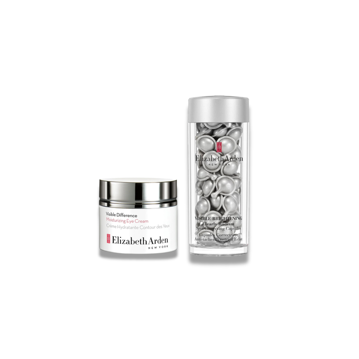 Elizabeth Arden skincare set featuring a white jar of Visedin Difference Peaking Cream with a silver lid, and a tall clear bottle of Silver Brightening Complex with a silver cap, set against a plain white background.