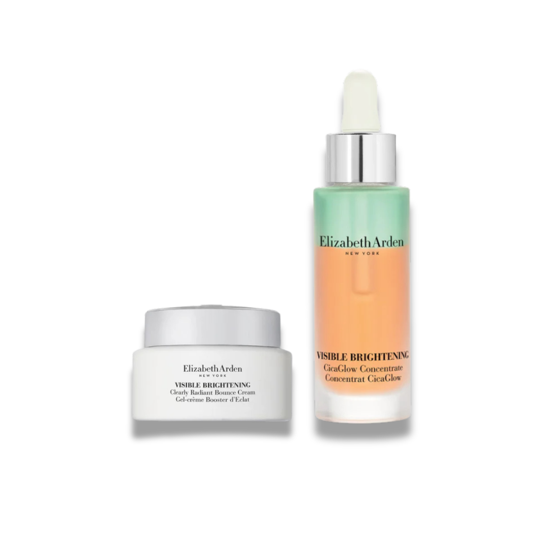 Elizabeth Arden Visible Brightening Cream and Graded Concentrate set, featuring a white cream jar and a gradient bottle with mint green and peach-orange tones, on a white background.