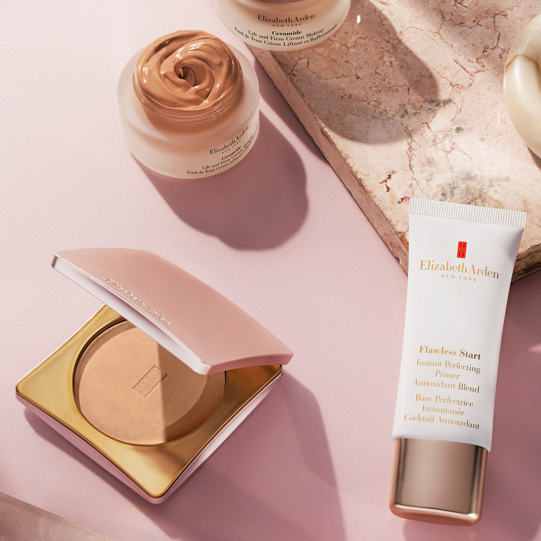 Elizabeth Arden UK Flawless Finish Skincaring Pressed Powder, Makeup Regimen styled products
