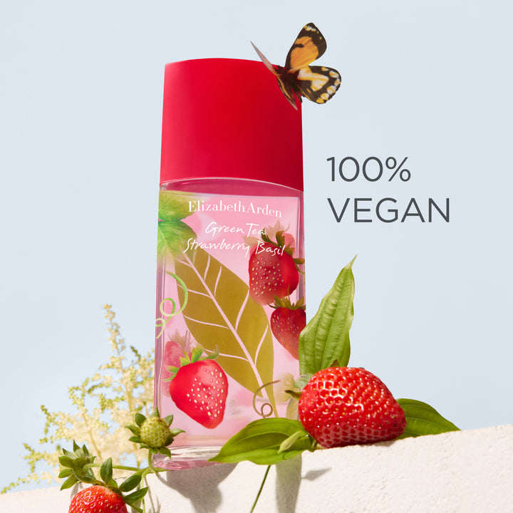 Green Tea Strawberry Basil Eau De Toilette perfume bottle with 100 percent vegan claim