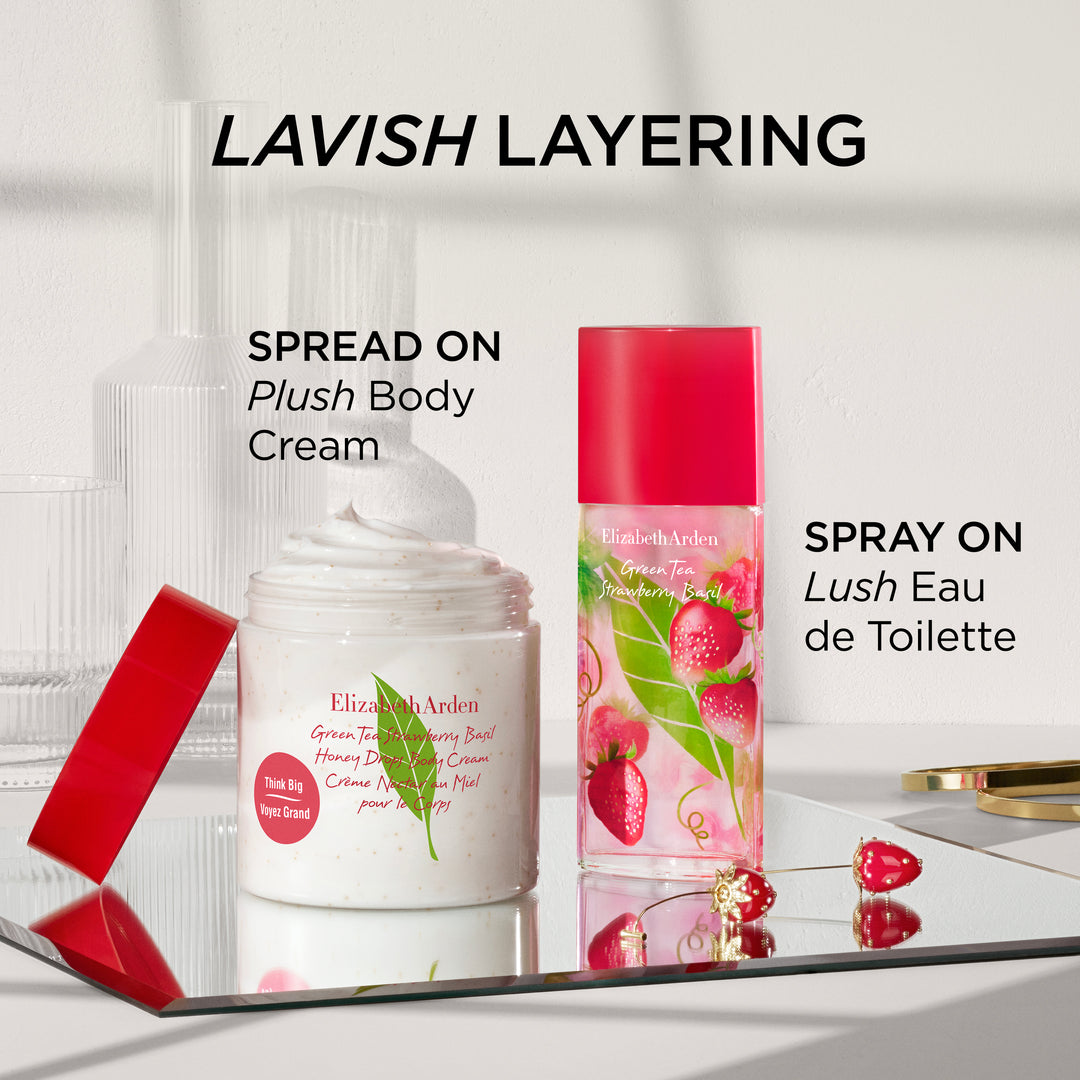 Green Tea Strawberry Basil Eau De Toilette layered with matching Honey Drops Body Cream