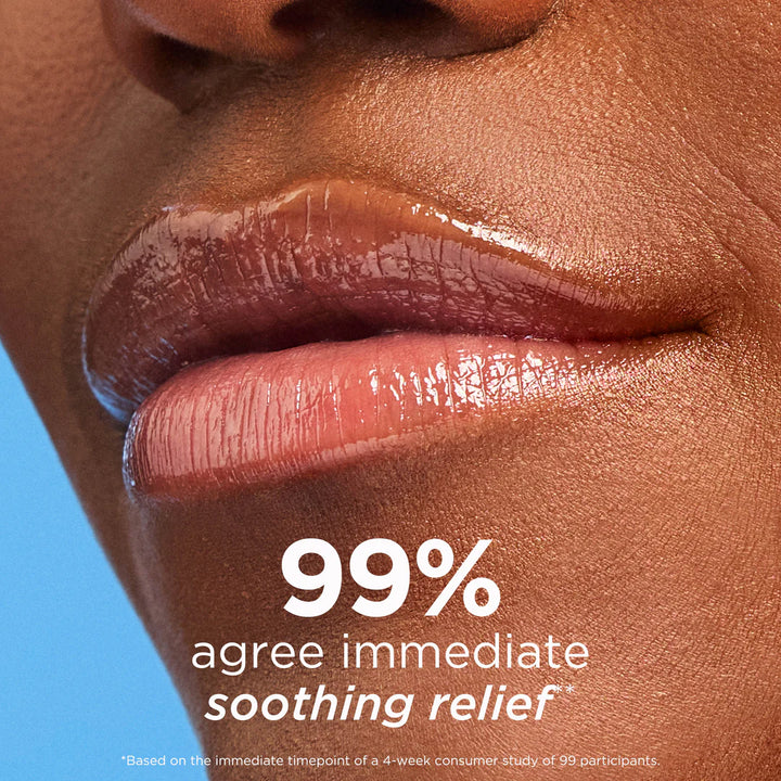 Close-up of a person's lips wearing a glossy pink lip product, with text reading '99% agree immediate soothing relief' over a blue background.