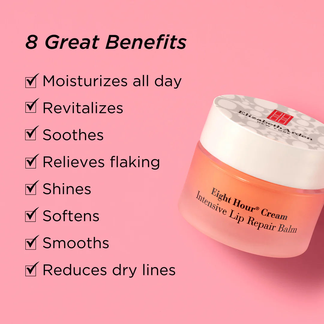 Elizabeth Arman Eight Hour Cream Intensive Lip Repair Balm jar on a pink background with a list of eight benefits on the left.