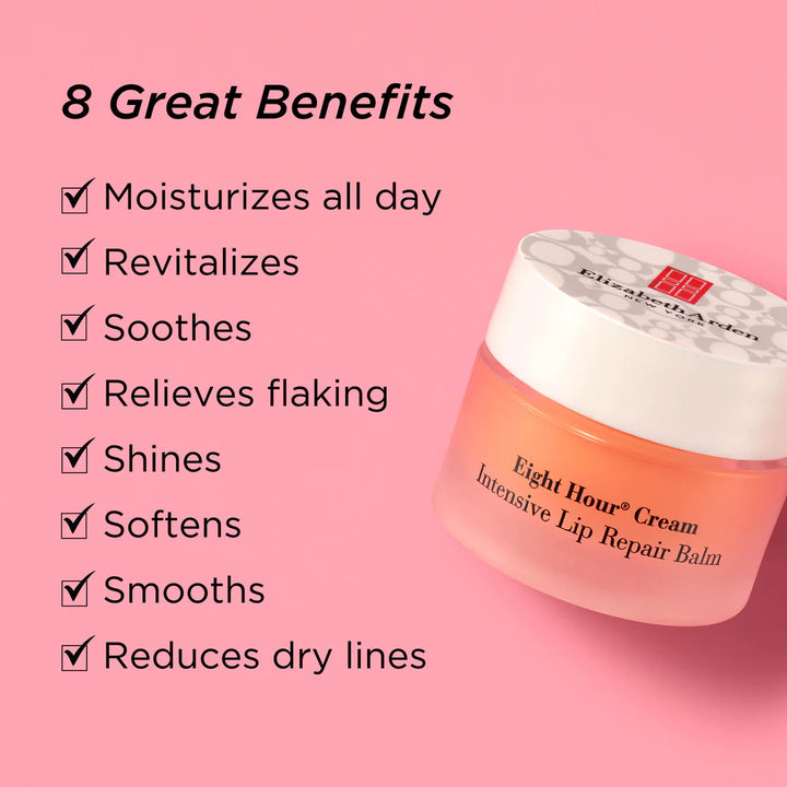 Elizabeth Arman Eight Hour Cream Intensive Lip Repair Balm jar on a pink background with a list of eight benefits on the left.