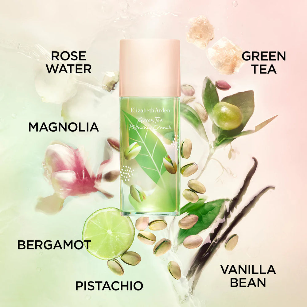 Perfume bottle with floral and botanical elements on a light background