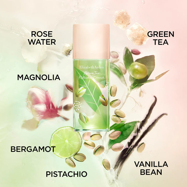 Perfume bottle with floral and botanical elements on a light background