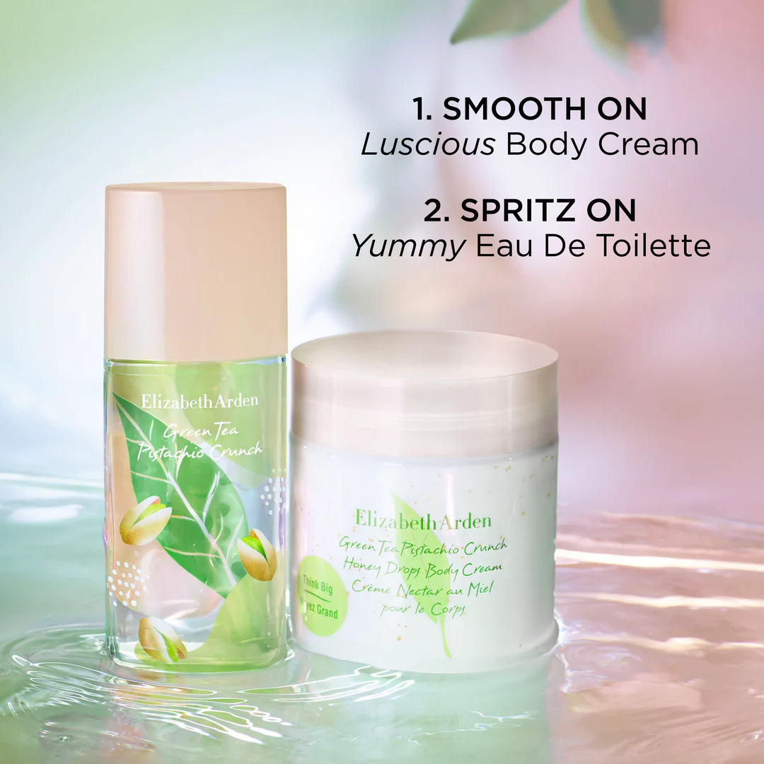Elizabeth Arden Green Tea Pistachio Crunch perfume and body cream on a water looking ground with words that describe the products