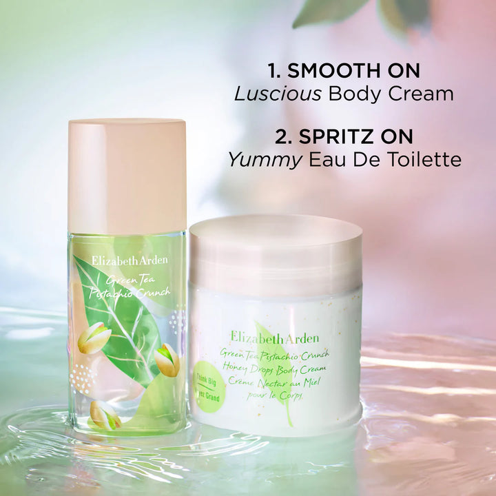 Elizabeth Arden Green Tea Pistachio Crunch perfume and body cream on a water looking ground with words that describe the products