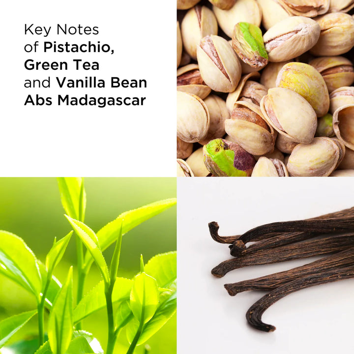 A four-panel collage with text reading 'Key Notes of Pistachio, Green Tea and Vanilla Bean Abs Madagascar.' The top-right panel shows a pile of pistachios, the bottom-left shows bright green tea leaves, and the bottom-right shows vanilla bean pods on a white background.