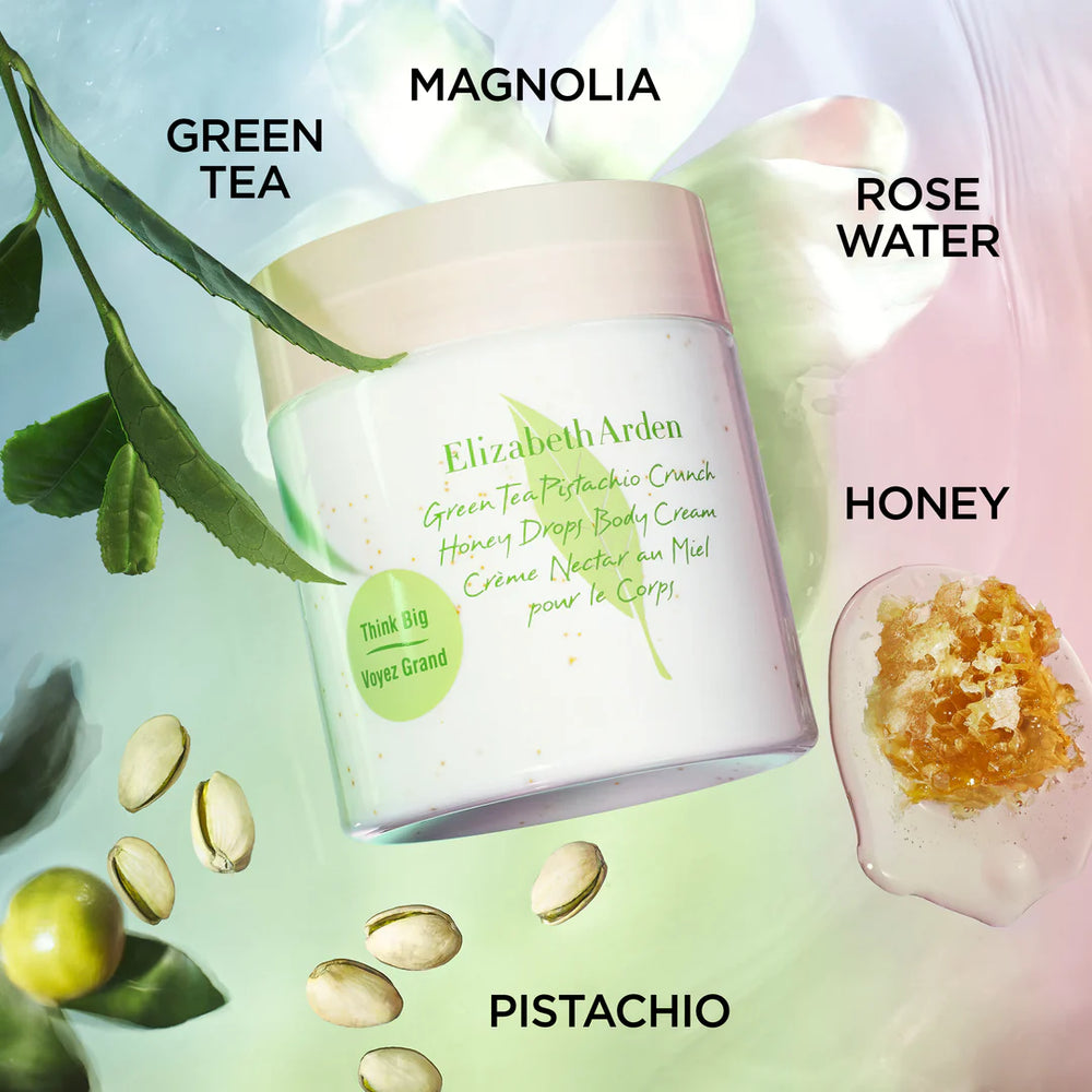 Elizabeth Arden Green Tea Pistachio Crunch Honey Drop Body Cream jar surrounded by green tea leaves, pistachios, a honeycomb piece, and text labels for Green Tea, Magnolia, Rose Water, and Honey on a pastel gradient background.