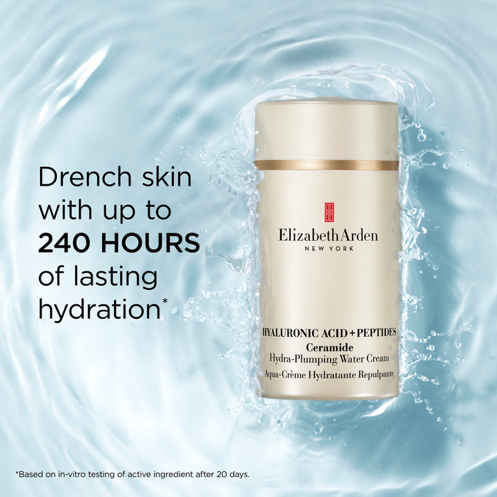  Hyaluronic Acid + Peptides Ceramide Hydra-Plumping Water Cream claims: Drench skin with up to 240 hours of lasting hydration
