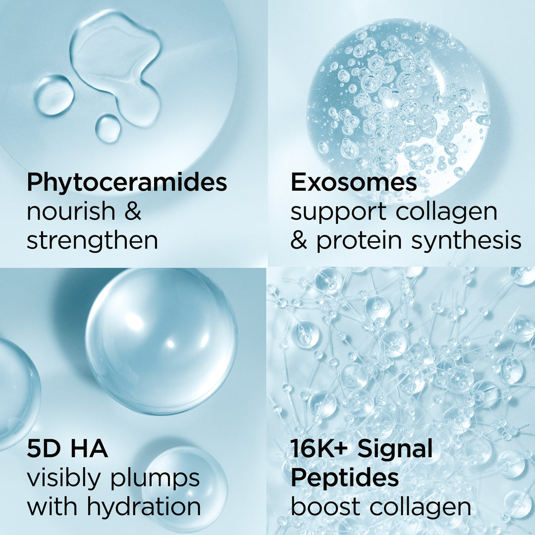 Hyaluronic Acid + Peptides Ceramide Hydra-Plumping Water Cream ingredient highlights: phytoceramides, exosomes, 5D hyaluronic acid, 16K+ signal peptides