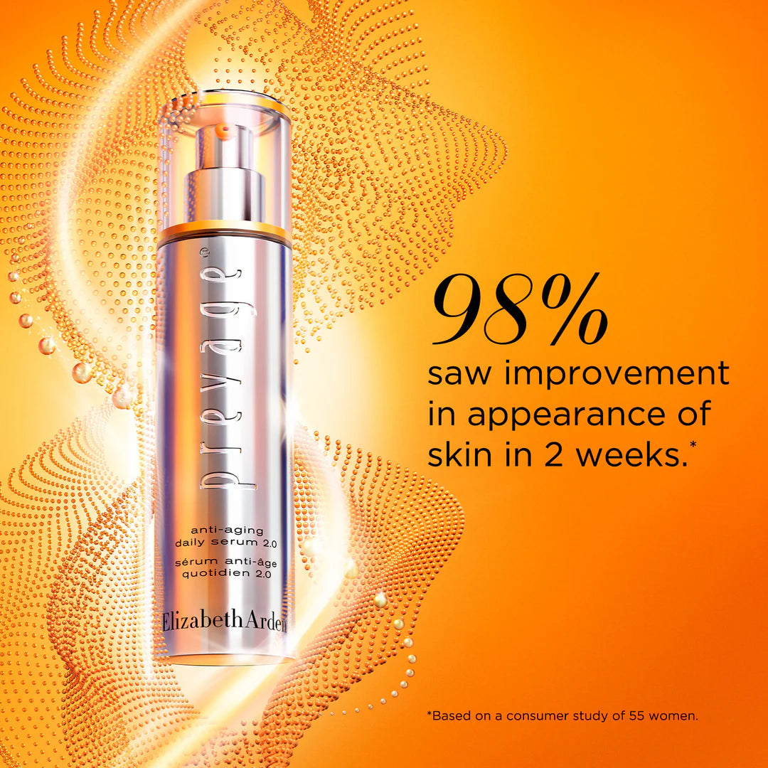 Elizabeth Arden anti-aging daily serum 2.0 bottle on an orange background with text about skin improvement.