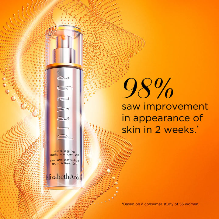 Elizabeth Arden anti-aging daily serum 2.0 bottle on an orange background with text about skin improvement.