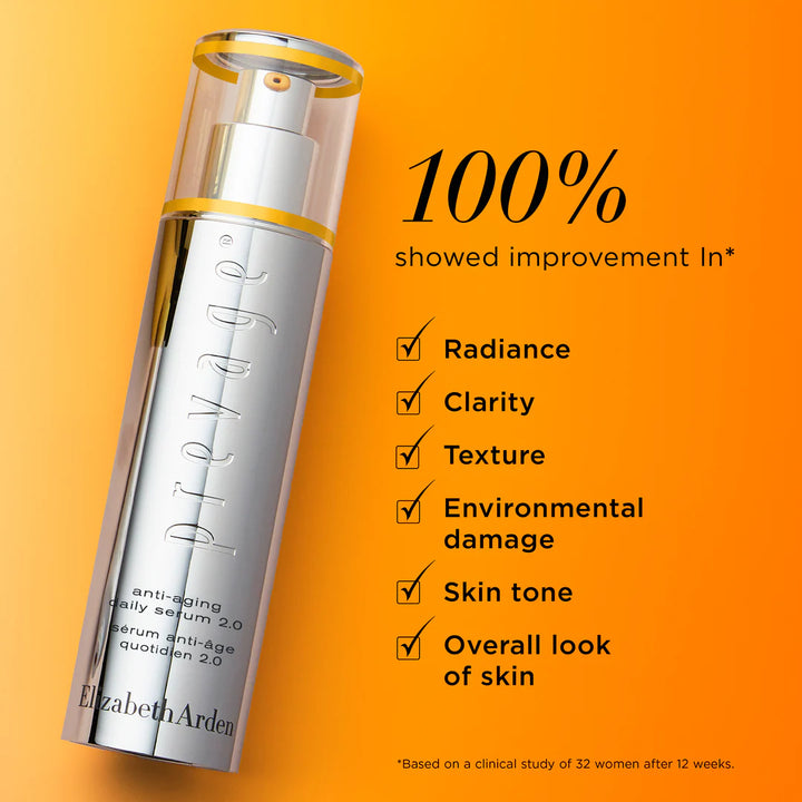 Elizabeth Arden Pre-yeage anti-aging daily serum 2.0 bottle on a bright orange background with promotional text highlighting skin improvements.