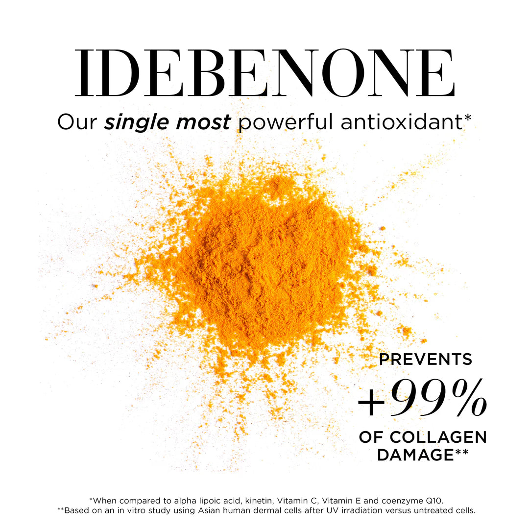 Orange powder with IDEBENONE text highlighting its antioxidant properties on a white background