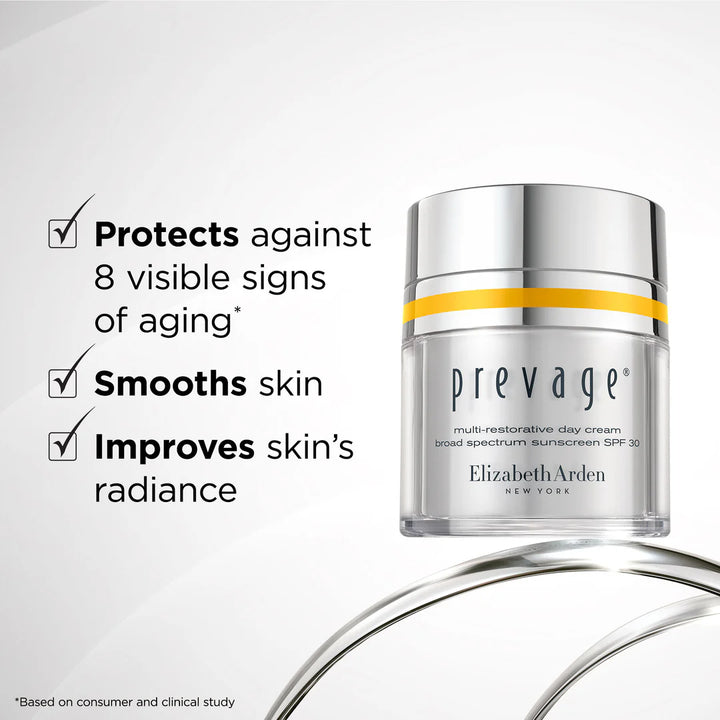 Elizabeth Arden Preváge multi-restorative day cream jar with benefits on a white background