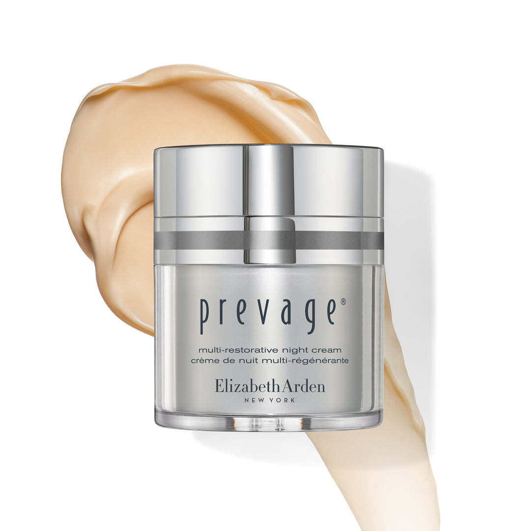 Elizabeth Arden Prevage cream jar with a swatch of cream on a white background