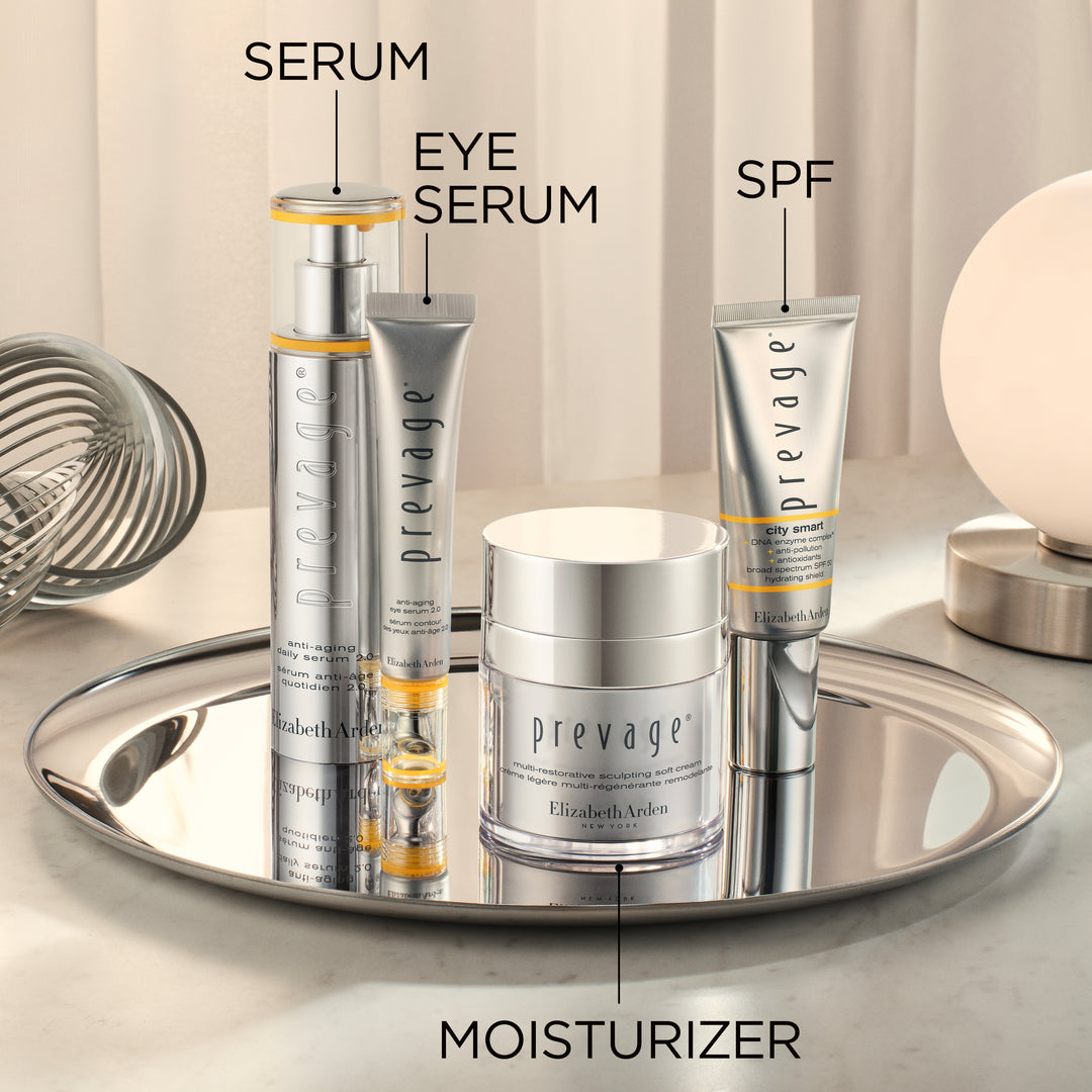 Collection of Elizabeth Arden Prevage skincare products on a tray with labels pointing to each product.