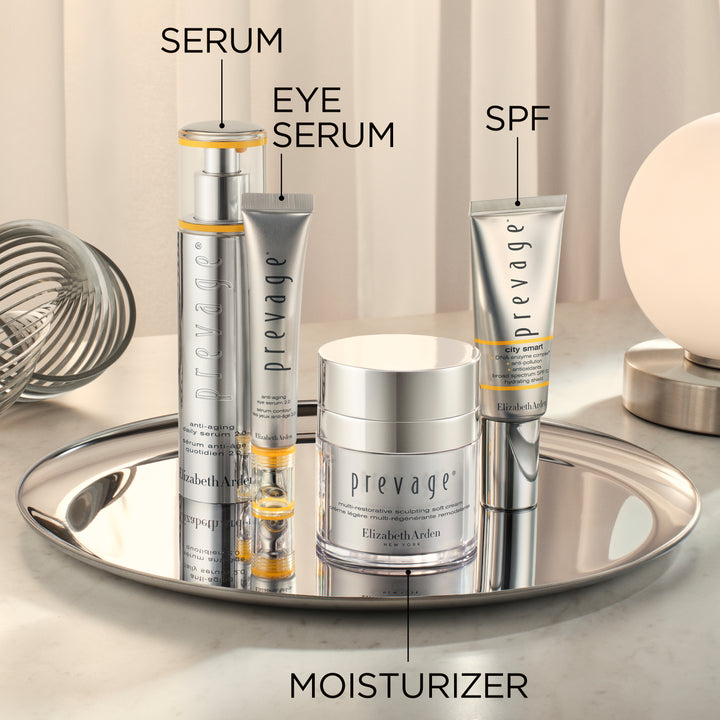 Collection of Elizabeth Arden Prevage skincare products on a tray with labels pointing to each product.