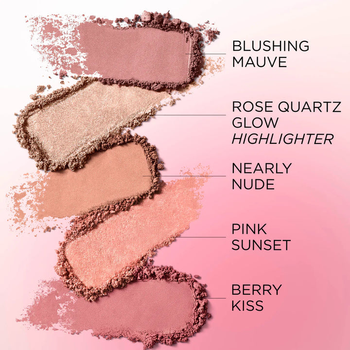 Four eyeshadow swatches with text labels on a pink gradient background: Blushing Mauve, Rose Quartz Glow Highlighter, Nearly Nude, Pink Sunset, and Berry Kiss.