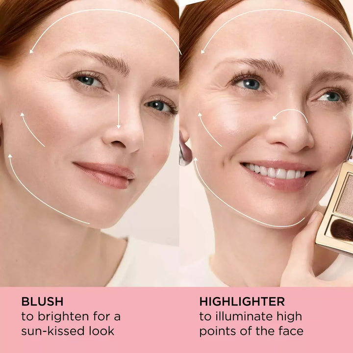 Two women applying makeup with text indicating blush and highlighter usage.