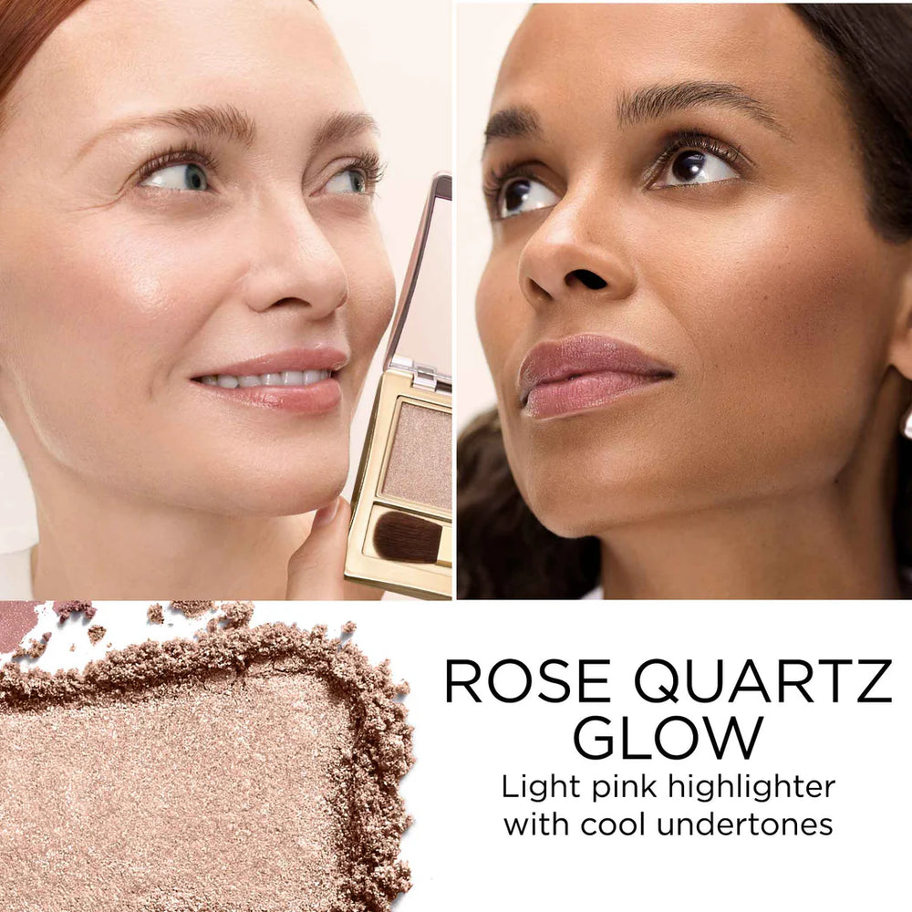 Two women using a rose quartz highlighter with product close-up and description.